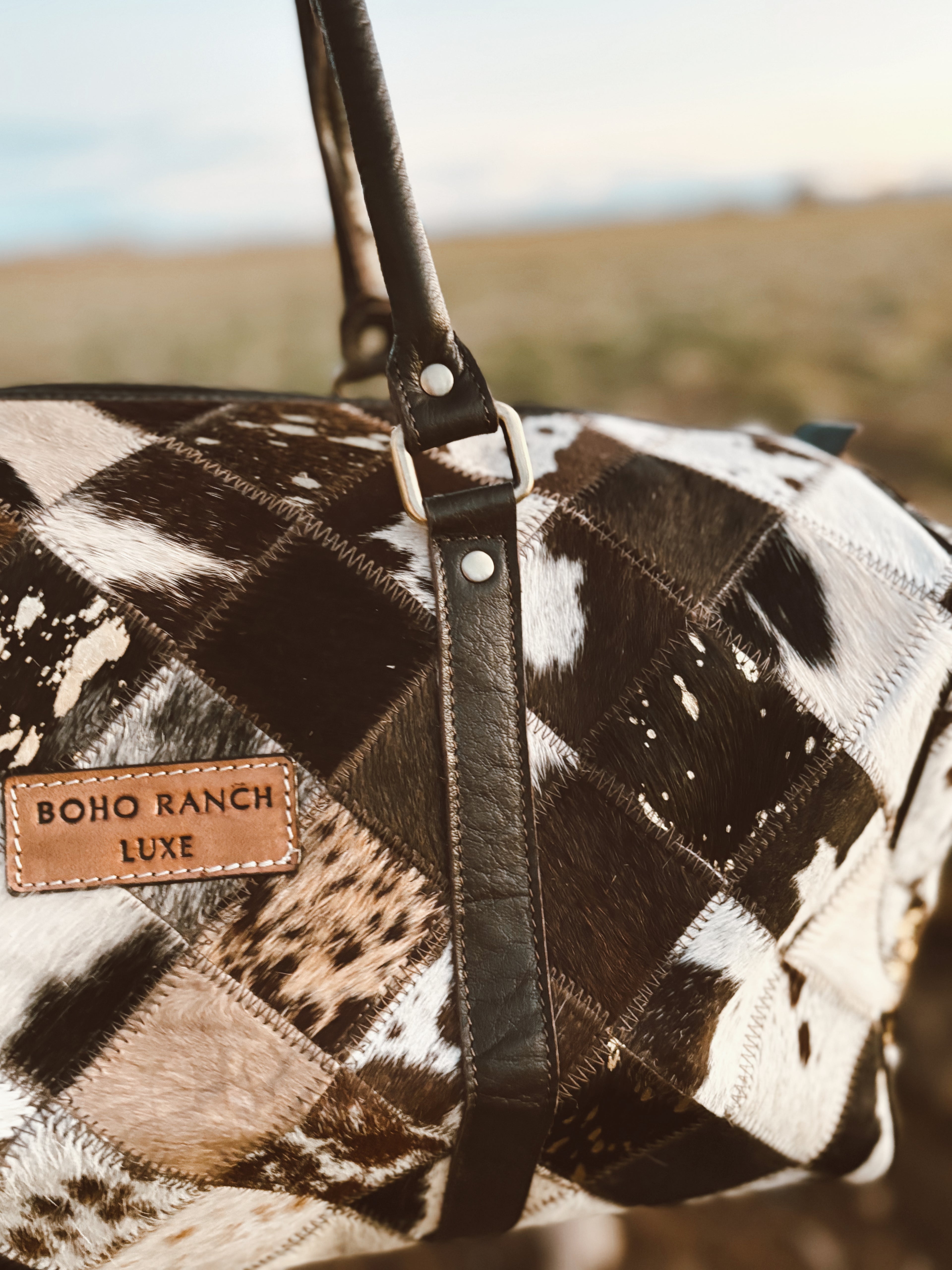 Boho Luxe Duffle Weekender — Leather Cowhide Travel Bag (Color Brown +White Cowhide)