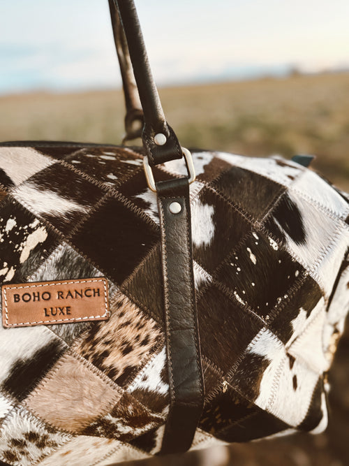 Boho Luxe Duffle Weekender — Leather Cowhide Travel Bag (Color Brown +White Cowhide)