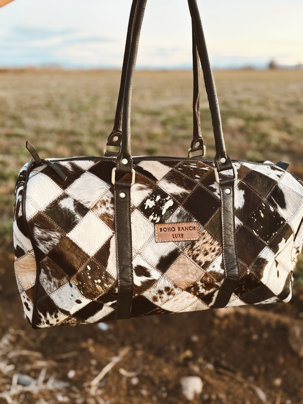 Boho Luxe Duffle Weekender — Leather Cowhide Travel Bag (Color Brown +White Cowhide)