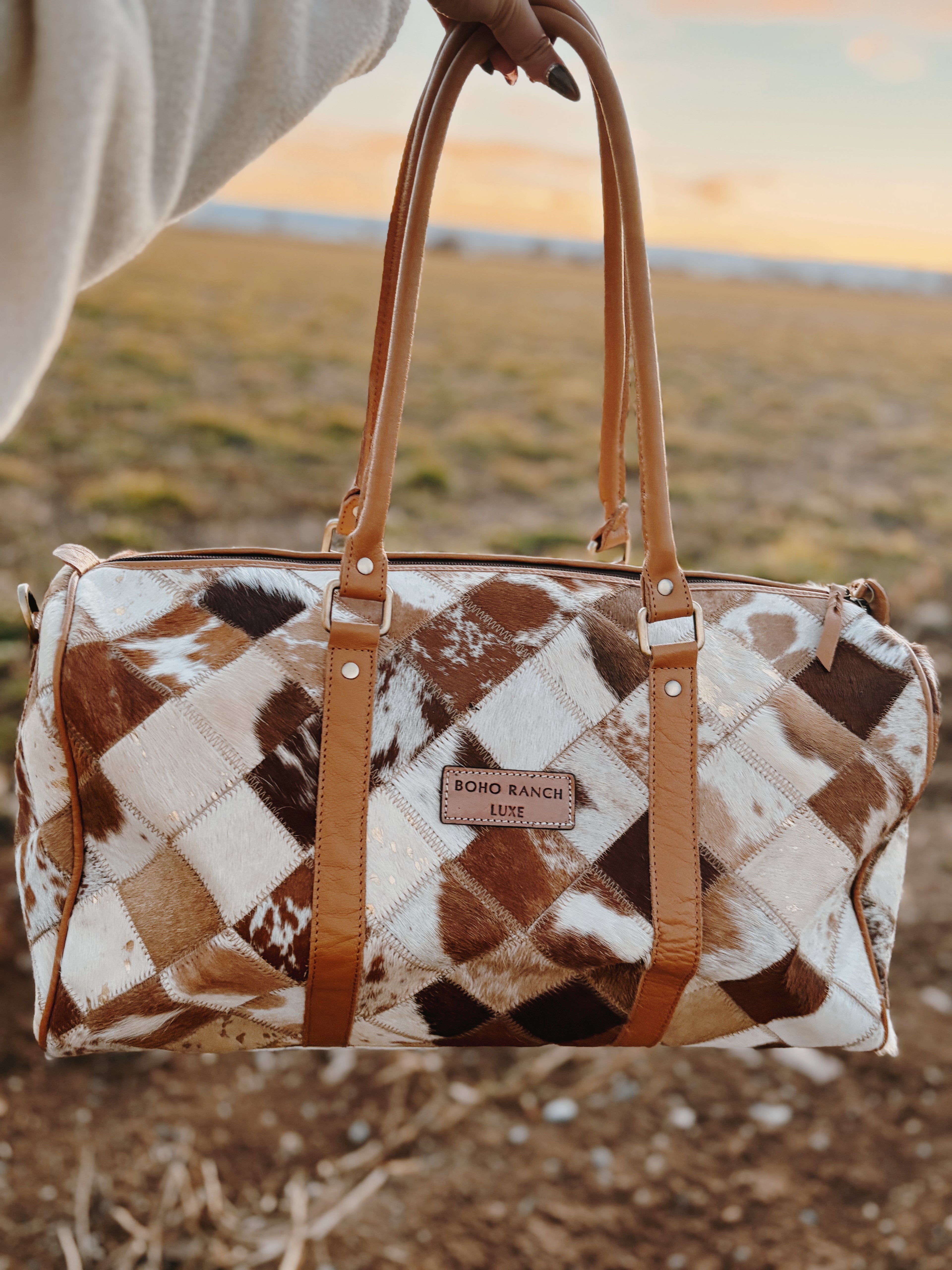 Boho Luxe Duffle Weekender — Leather Cowhide Travel Bag (Color Tan + White Cowhide)