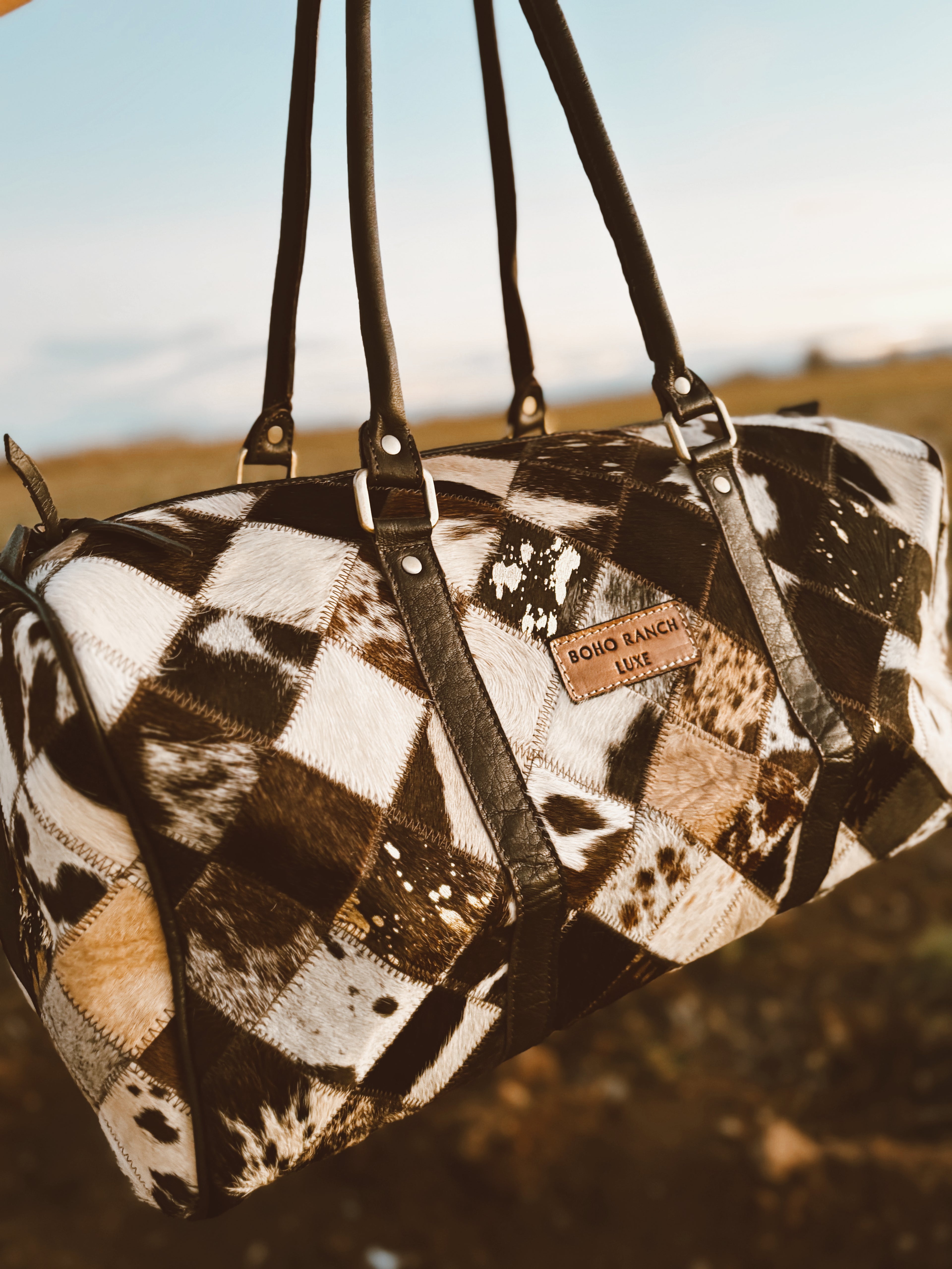 Boho Luxe Duffle Weekender — Leather Cowhide Travel Bag (Color Brown +White Cowhide)