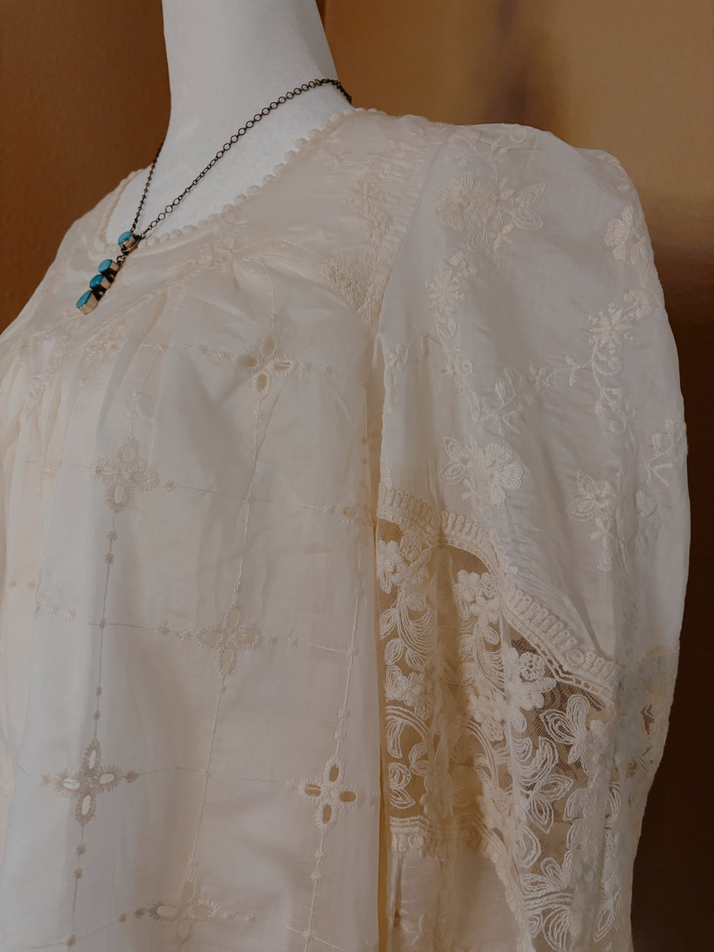 Ecru Embroidered Lace Puff Sleeve Blouse