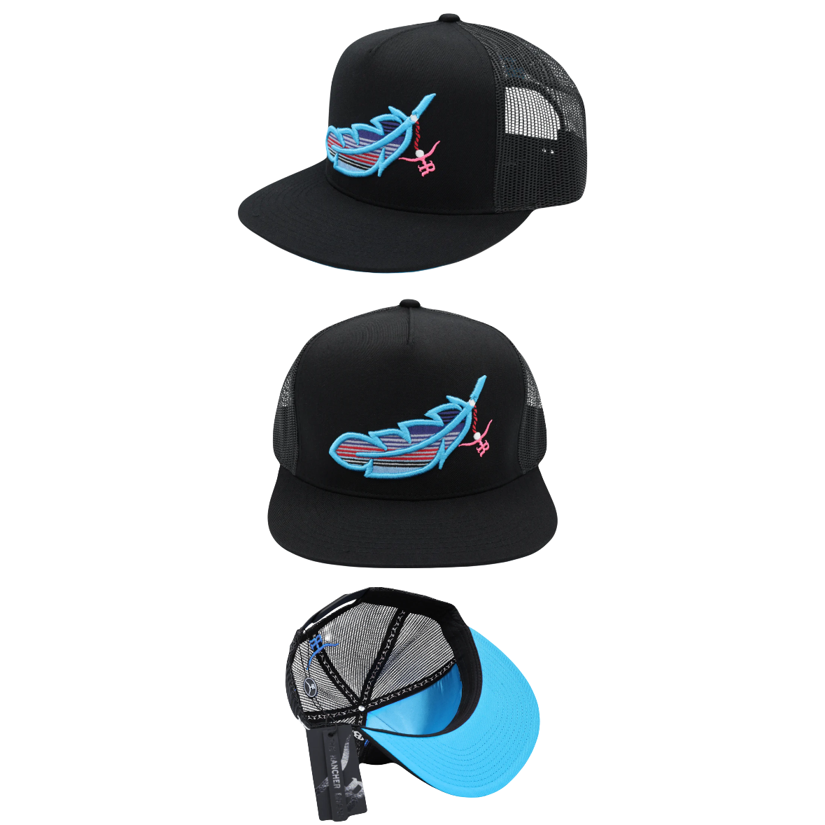 Feathered Outlaw – Black & Sky Blue Feather Flatbill Trucker Snapback