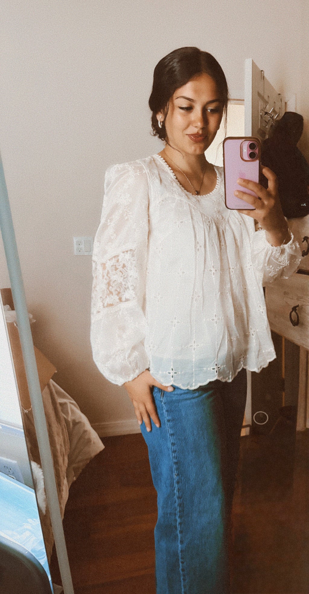 Ecru Embroidered Lace Puff Sleeve Blouse