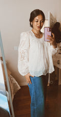Ecru Embroidered Lace Puff Sleeve Blouse