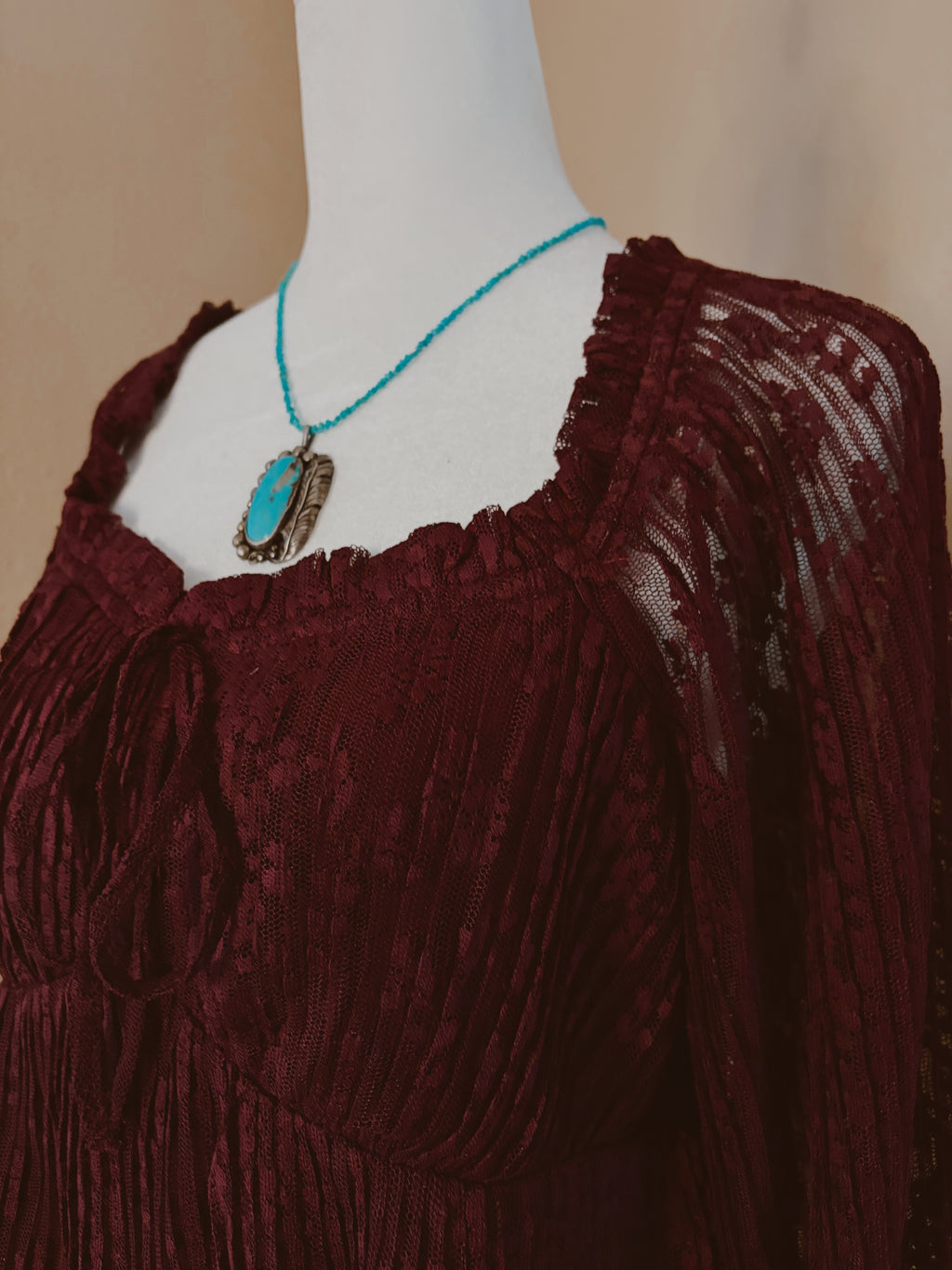 Burgundy Whimsy Pleated Lace Peplum Blouse