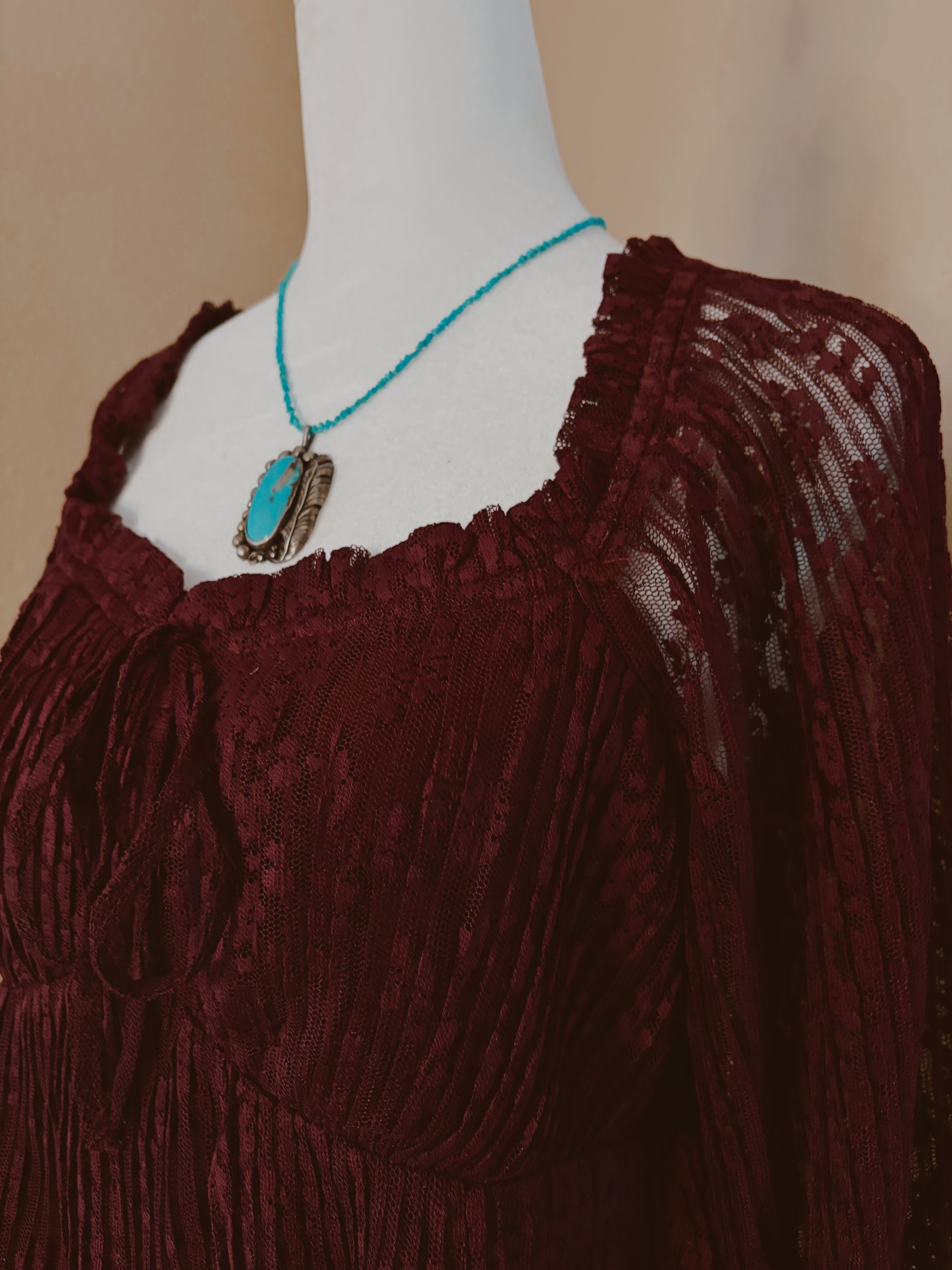 Burgundy Whimsy Pleated Lace Peplum Blouse