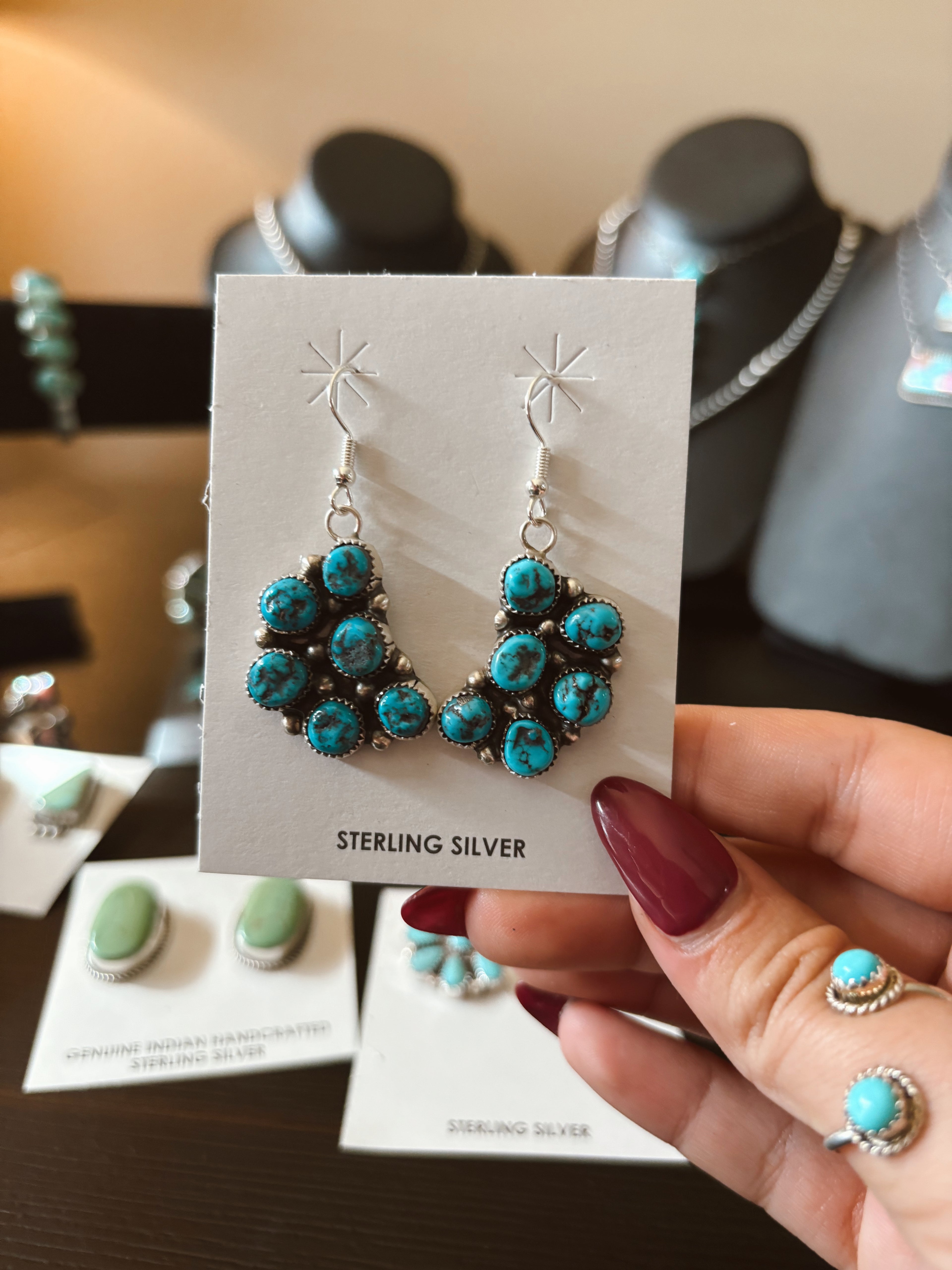 Turquoise Half Flower Custer Dangle Earrings