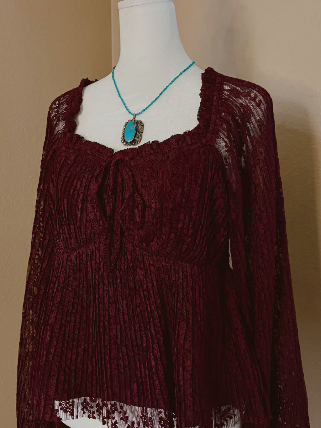 Burgundy Whimsy Pleated Lace Peplum Blouse