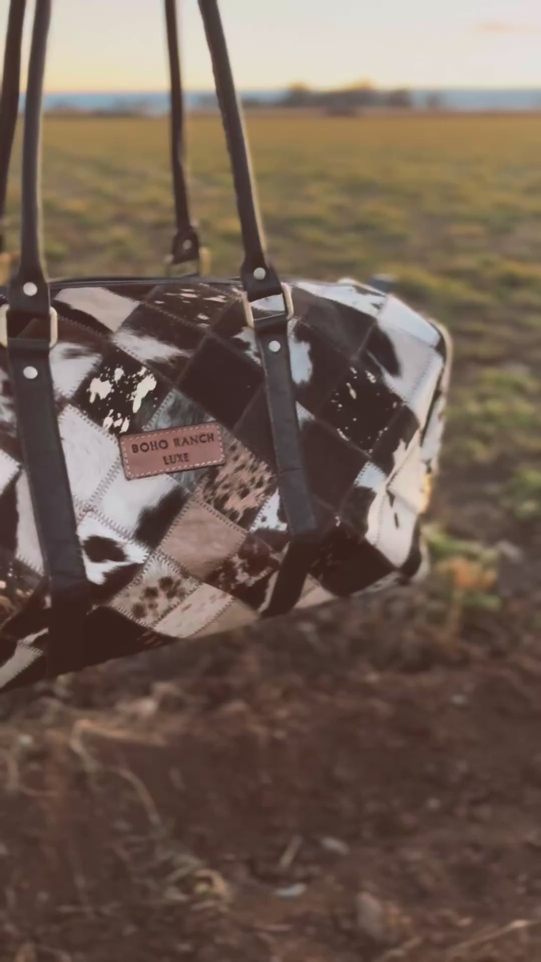 Boho Luxe Duffle Weekender — Leather Cowhide Travel Bag (Color Brown +White Cowhide)