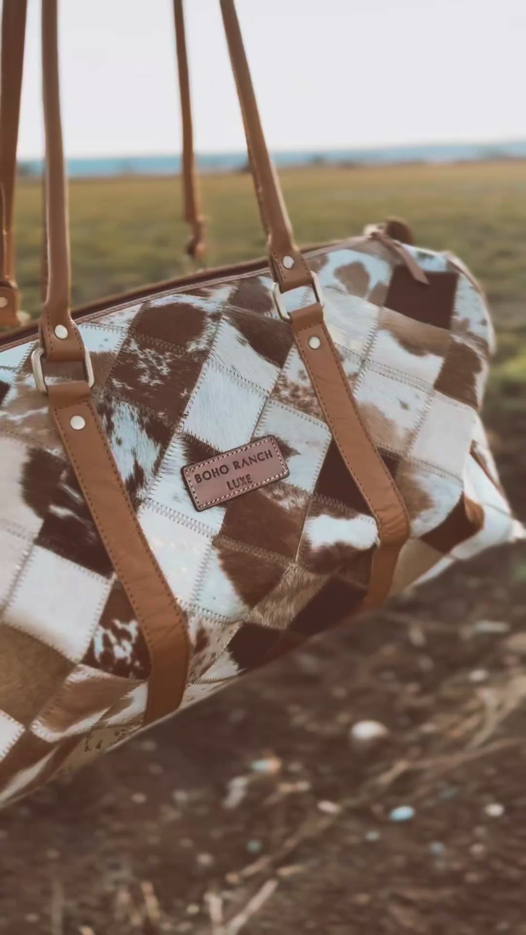 Boho Luxe Duffle Weekender — Leather Cowhide Travel Bag (Color Tan + White Cowhide)